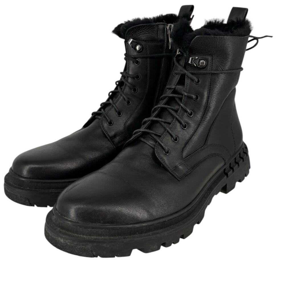 Steve Madden Eisen Black Leather Boots Mens Size 8 Combat Fur Lined Flaw
